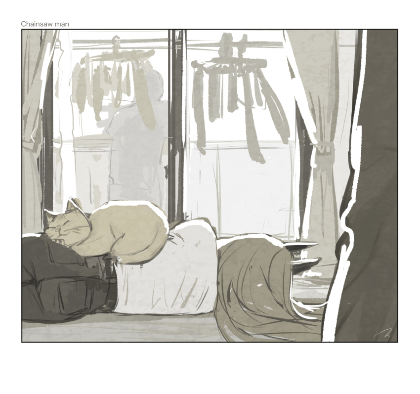 1girl black_pants border cat cat_on_person chainsaw_man commentary copyright_name curtains drying drying_clothes from_behind greyscale horns long_hair lying matahei monochrome on_side pants power_(chainsaw_man) shirt signature white_border white_shirt