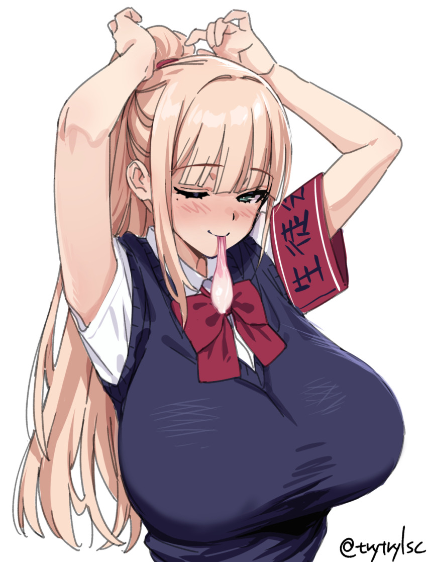 1girl alternate_hairstyle armband blonde_hair bow bowtie breasts closed_mouth condom green_eyes highres jinguji_ayano large_breasts long_hair looking_at_viewer mole mole_under_eye mouth_hold one_eye_closed original ponytail red_armband red_bow red_bowtie school_uniform smile solo sweater_vest try_(lsc) twitter_username tying_hair used_condom very_long_hair