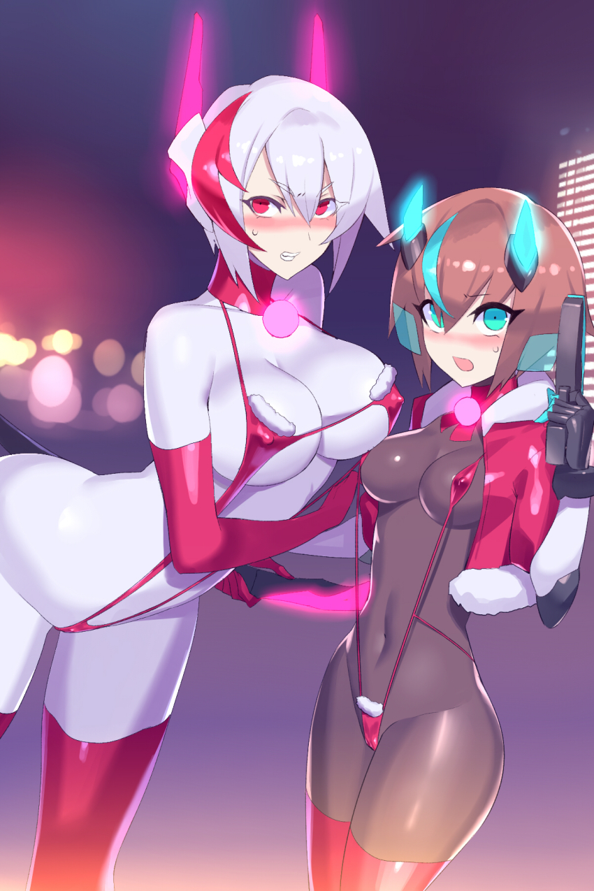 2girls ass blue_eyes blue_hair breasts brown_hair covered_erect_nipples cowboy_shot glowing grey_hair gun highres holding holding_gun holding_weapon horns horome_(ukimukai) large_breasts medium_breasts multicolored_hair multiple_girls original red_eyes red_hair red_slingshot_swimsuit slingshot_swimsuit swimsuit two-tone_hair ukimukai weapon