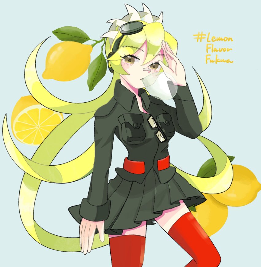 1girl alternate_color bandaid bandaid_on_face bandaid_on_nose blonde_hair blue_background blowing_bubbles chewing_gum food fruit fukua_(skullgirls) glasses glasses_on_shirt goggles goggles_on_head highres lemon necktie pleated_skirt qgkgao school_uniform shamone_(skullgirls) sharp_teeth shirt skirt skullgirls solo teeth thighhighs