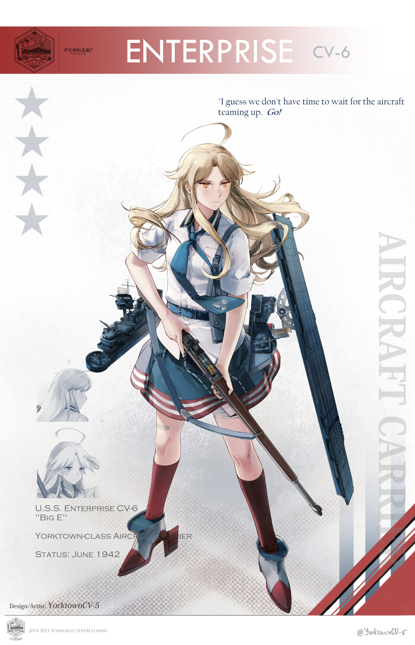 1girl absurdres ahoge aircraft_carrier anti-aircraft anti-aircraft_gun blonde_hair blue_necktie character_name english_text flight_deck gun high_heels highres holding holding_gun holding_weapon long_hair machinery mecha_musume military military_vehicle necktie original personification rifle rudder_footwear ship shirt short_sleeves sidelocks solo united_states_navy uss_enterprise_(cv-6) warship watercraft weapon white_shirt yorktown_cv-5