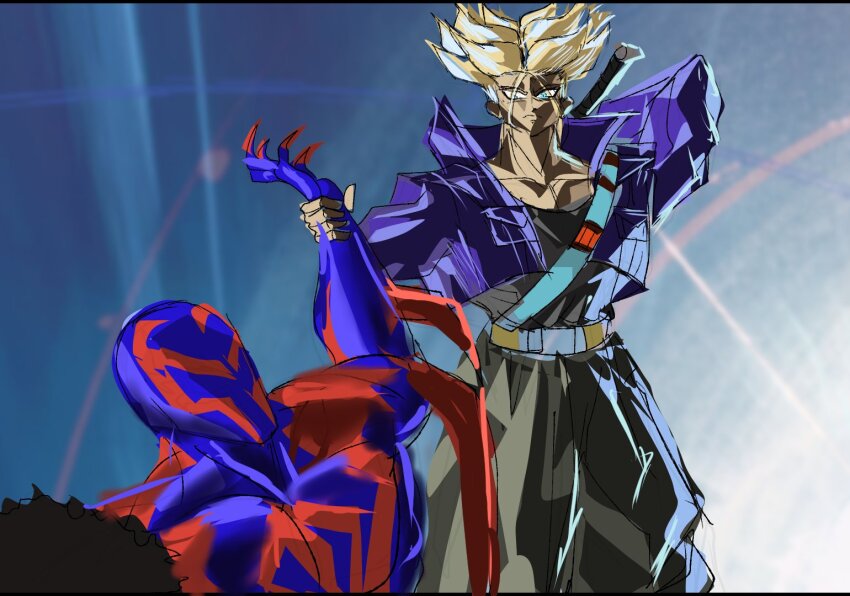 3boys belt blonde_hair coat crossover dragon_ball dragonball_z holding_another&#039;s_wrist looking_at_viewer marvel miguel_o&#039;hara miles_morales multiple_boys purple_coat spider-man:_across_the_spider-verse spider-man_(2099) spider-man_(series) spider-verse super_saiyan trunks_(dragon_ball) trunks_(future)_(dragon_ball) venommoe