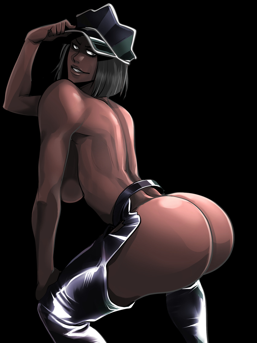 1girl absurdres ass ass_cutout black_hair bleach breasts chaps clothing_cutout dark-skinned_female dark_skin functionally_nude hands_on_own_knees hat highres huge_ass jackie_tristan looking_back naughty_face parted_lips revealing_clothes shaded_face shadow shiny_skin short_hair simple_background solo soyuz001 topless_female wide_hips
