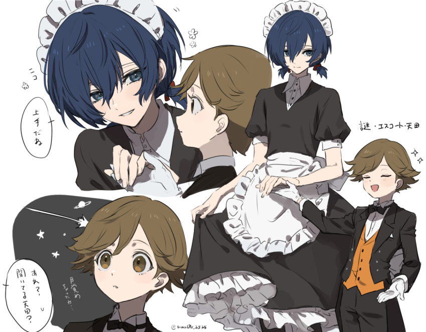 2boys alternate_costume amada_ken black_bow black_bowtie black_dress black_jacket blue_eyes blue_hair blush bow bowtie brown_hair closed_eyes commentary_request crossdressing dress enmaided frilled_dress frills gloves hair_between_eyes height_difference holding_hands jacket long_sleeves maid maid_headdress male_focus multiple_boys multiple_views open_clothes open_jacket open_mouth orange_vest parted_lips persona persona_3 shirt short_sleeves short_twintails simple_background sparkle tamaon_2525 trap twintails twitter_username vest white_background white_gloves white_shirt yuuki_makoto_(persona_3)