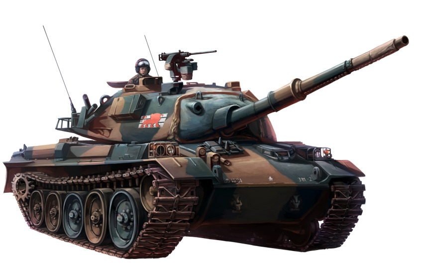 1boy browning_m2 caterpillar_tracks commentary_request dai_toro emblem gun heavy_machine_gun helmet highres japan_ground_self-defense_force japan_self-defense_force machine_gun military military_vehicle motor_vehicle original royal_ordnance_l7 tank tank_helmet type_74_(tank) weapon white_background