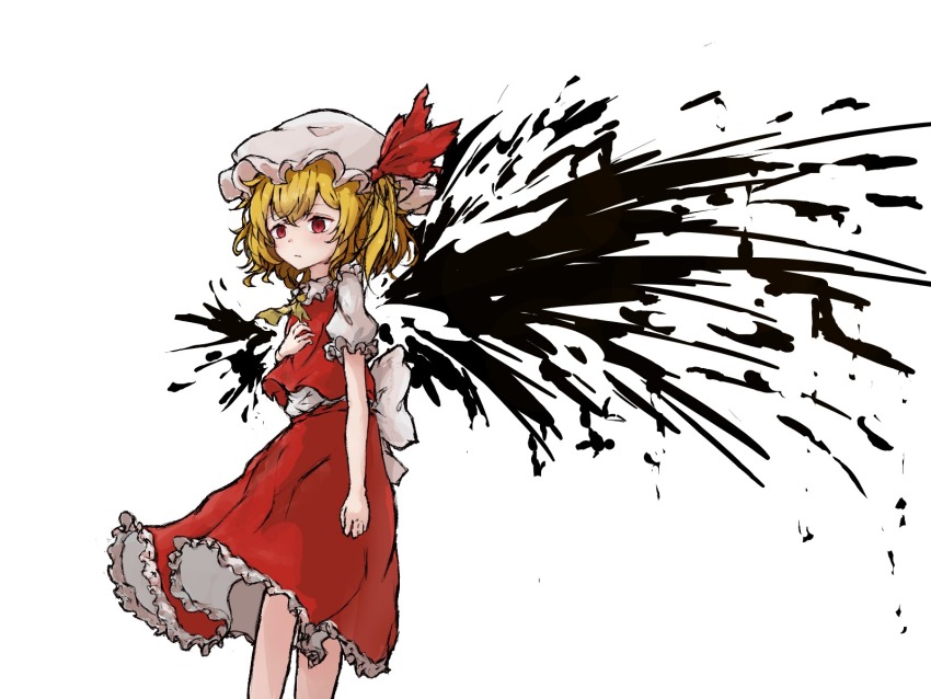 1girl back_bow blank_stare blonde_hair blush bow commentary_request dot_nose flandre_scarlet frilled_shirt_collar frilled_skirt frilled_sleeves frills hand_on_own_chest hat hat_ribbon highres ink_splatter inkblot medium_hair mob_cap myui17901139 puffy_short_sleeves puffy_sleeves red_eyes red_ribbon red_skirt red_vest ribbon shirt short_sleeves side_ponytail simple_background skirt solo touhou vest white_background white_bow white_hat white_shirt