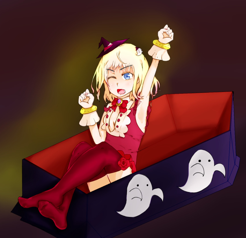 1girl arm_up armpits bare_shoulders blonde_hair blue_eyes bow bowtie breasts coffin commentary_request fang ghost ghost_hair_ornament halloween hands_up happy_halloween hat highres leivinia_birdway medium_breasts mini_hat one_eye_closed open_mouth partial_commentary pen333 pleated_skirt red_bow red_bowtie red_skirt red_thighhighs sitting skirt small_breasts solo stretching thighhighs toaru_majutsu_no_index tongue vampire waking_up witch_hat yawning