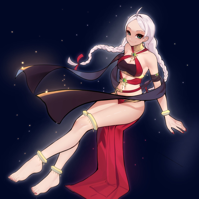 1girl absurdres alternate_costume anklet bare_shoulders barefoot blue_eyes bracelet braid breasts bridal_gauntlets bridal_legwear commission commissioner_upload cosplay criss-cross_halter dancer dorothea_arnault_(plegian) dorothea_arnault_(plegian)_(cosplay) fire_emblem fire_emblem_fates fire_emblem_heroes gold_collar halterneck harem_outfit highres jewelry long_hair low_twin_braids low_twintails medium_breasts nail_polish nina_(fire_emblem) nintendo non-web_source parted_bangs pelvic_curtain red_nails shiimidori solo thigh_ring thighlet toe_ring toeless_legwear toenail_polish toenails twin_braids twintails