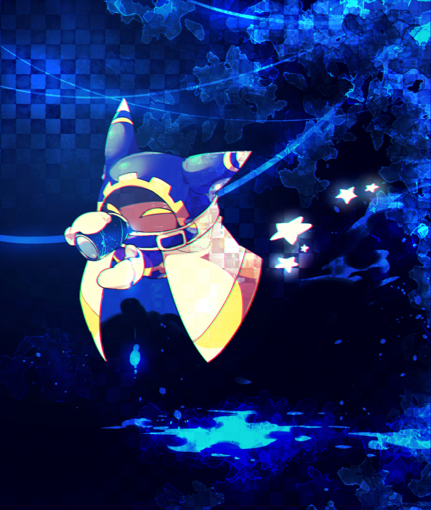 ^_^ animal_ears belt belt_buckle belt_collar blue_background blue_belt blue_hood buckle can cape checkered_background closed_eyes collar commentary_request covered_mouth drink_can drinking ear_covers gear_print gloves highres holding holding_can kirby_(series) light_particles magolor nintendo no_humans paint rayman_limbs scarf shirushiki soda_can solid_eyes solo star_(symbol) white_cape white_gloves white_scarf yellow_eyes