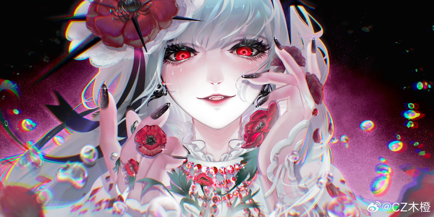 1girl absurdres air_bubble black_background black_nails blush bridal_gauntlets bubble chinese_commentary chromatic_aberration collar colored_eyelashes commentary coquelic_(path_to_nowhere) cz_mu_cheng eyelashes fang fascinator flower frilled_collar frills glitter_makeup gradient_background highres leaf lips looking_at_viewer path_to_nowhere petals poppy_(flower) portrait red_eyes red_flower red_petals ribbon_earrings signature smile solo straight-on teardrop_facial_mark teeth thorns upper_teeth_only watermark weibo_username weibo_watermark white_hair