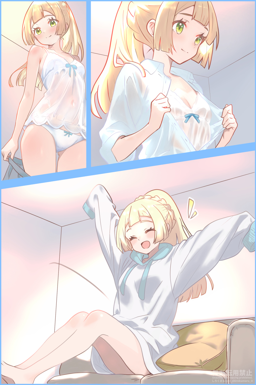 1girl 3koma :d absurdres alternate_costume babydoll barefoot blonde_hair ceiling closed_eyes closed_mouth collared_shirt comic commentary_request cushion dressing eyelashes green_eyes happy highres indoors lillie_(pokemon) looking_down nintendo open_mouth panties pokemon pokemon_sm ponytail shirokumaru_(yafm7388) shirt sitting smile underwear white_babydoll white_panties white_shirt