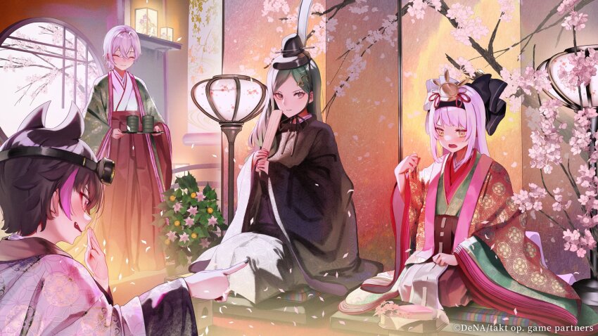4girls black_hair black_horns dark_green_hair demon_horns der_freischutz_(takt_op.) die_fledermaus_(takt_op.) erlking_(takt_op.) highres hina_ningyou hinamatsuri hirabitai horns japanese_clothes karaginu_mo kimono layered_clothes layered_kimono long_hair long_sleeves looking_at_viewer makeup multiple_girls official_art pink_hair pomp_and_circumstance_(takt_op.) red_eyes saishi saraki short_hair smile takt_op. yellow_eyes