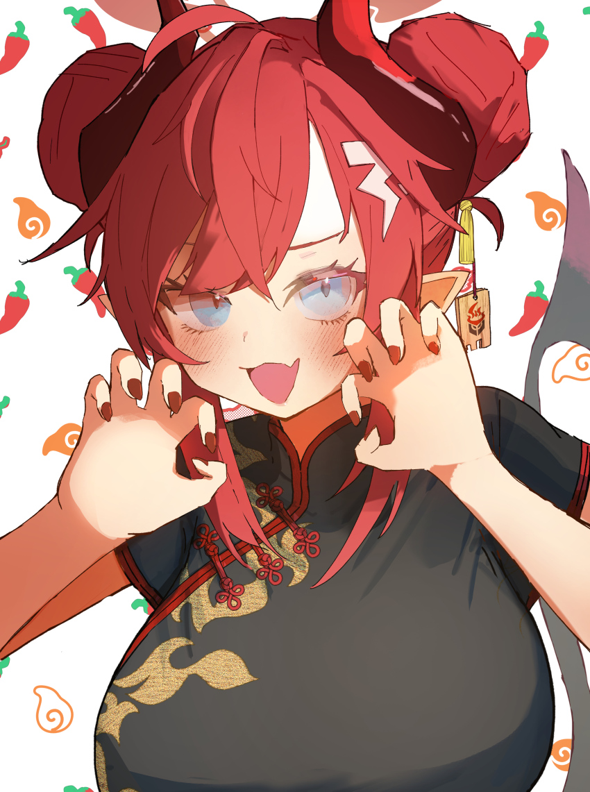 1girl absurdres alternate_costume alternate_hairstyle black_dress blue_archive blue_eyes blush breasts china_dress chinese_clothes claw_pose demon_girl demon_horns double_bun dress fangs hair_between_eyes hair_bun highres horns large_breasts looking_at_viewer megu_(blue_archive) norio_(norio386) pointy_ears red_hair red_nails sidelocks skin_fangs