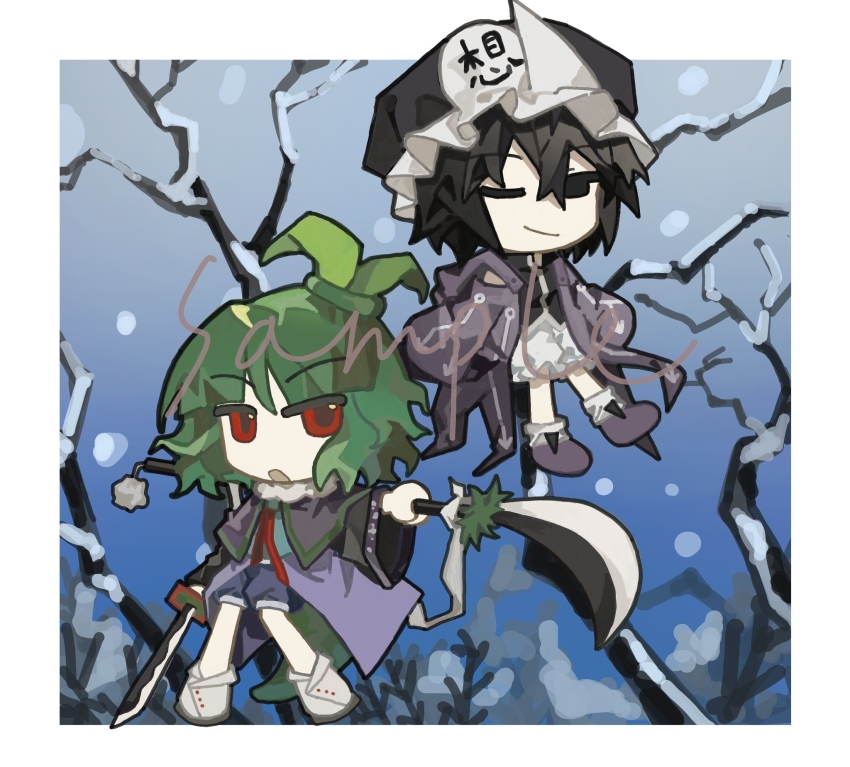 2others aaayamitsu adagumo_no_saragimaru androgynous arrow_print bare_tree black_eyes black_hat black_shirt black_sleeves blue_shorts blue_sky blue_vest blunt_bangs boots border brown_footwear buttons capelet chibi chinese_commentary closed_mouth clothing_cutout collar collared_capelet collared_shirt commentary_request day double-parted_bangs dual_wielding frilled_hat frilled_shorts frills fur_collar gradient_sky green_hair half-closed_eye hat high_collar high_ponytail highres holding holding_polearm holding_sword holding_weapon hood hood_down hooded_jacket jacket japanese_clothes len&#039;en long_sleeves mob_cap multiple_others naginata necktie one_eye_closed open_clothes open_jacket open_mouth other_focus outdoors outside_border polearm ponytail ponytail_holder puffy_shorts purple_capelet purple_footwear purple_jacket red_eyes red_necktie sample_watermark sandals shirt shitodo_kuroji short_hair short_ponytail shorts shoulder_cutout single_bare_shoulder sky sleeves_past_fingers sleeves_past_wrists smirk snowing socks split_ponytail sword tree triangular_headpiece vest watermark weapon white_border white_collar white_shorts white_socks wide_sleeves winter