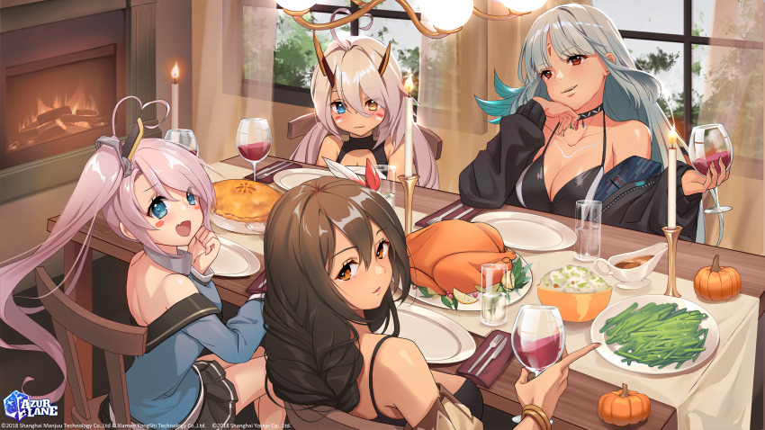 4girls ahoge alcohol azur_lane bikini bikini_top_only bikini_under_clothes black_bikini black_jacket blue_eyes body_markings bodypaint braid breasts cup dark-skinned_female dark_skin drinking_glass facial_mark feather_hair_ornament feathers food forehead_mark fork gravy gravy_boat green_bean hair_between_eyes hair_ornament heart heart-shaped_pupils heart_ahoge heterochromia highres indianapolis_(azur_lane) indoors jacket large_breasts lucidsky massachusetts_(azur_lane) multiple_girls native_american official_art open_mouth partially_unzipped pie plate portland_(azur_lane) purple_hair second-party_source side_ponytail smile south_dakota_(azur_lane) swimsuit symbol-shaped_pupils thanksgiving tri_braids turkey_(food) unzipped wine wine_glass