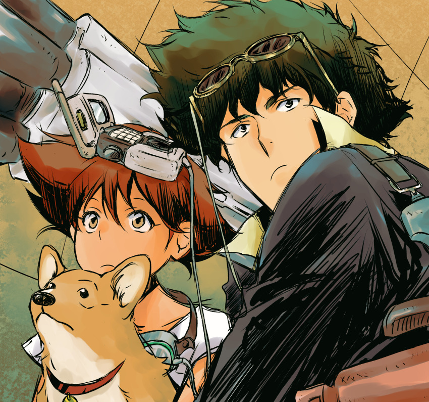 1boy 1girl absurdres animal animal_collar black_eyes black_hair black_jacket brown_dog close-up closed_mouth collar commentary cowboy_bebop dark-skinned_female dark_skin device dog edward_wong_hau_pepelu_tivrusky_iv ein_(cowboy_bebop) frown goggles goggles_around_neck goggles_on_head highres holding holding_animal holding_dog jacket long_sleeves object_on_head popped_collar red_collar red_hair scene_reference shirt short_hair short_sleeves side-by-side spacecraft_interior spike_spiegel spiked_hair suit_jacket tobalin weapon welding_goggles welsh_corgi white_shirt yellow_eyes yellow_shirt