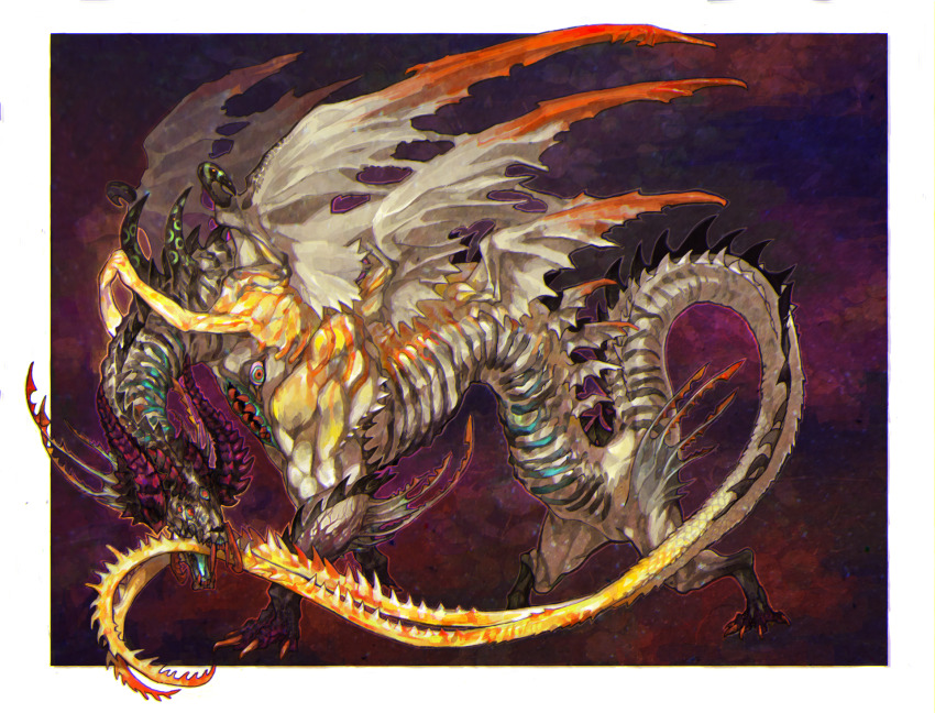animal_focus aokarasu_punko arm_fins blue_sclera border chest_mouth claws colored_sclera colored_teeth dragon extra_eyes extra_mouth fangs fins from_side full_body highres horns monster multicolored_background multiple_wings no_humans open_mouth orange_eyes original outside_border red_teeth sharp_teeth simple_background solo spikes tail teeth white_border wings