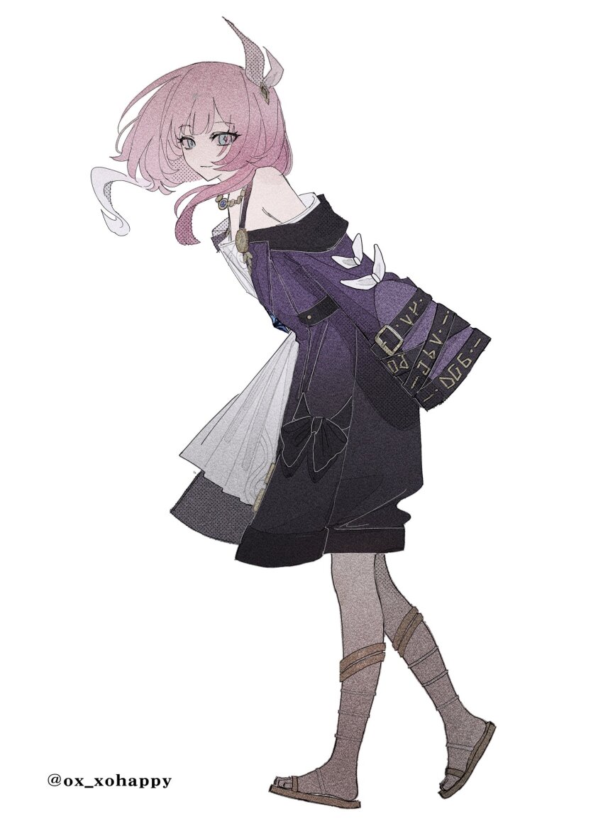 1girl blue_eyes breasts coat cyrene_(honkai:_star_rail) dress from_side full_body highres honkai:_star_rail honkai_(series) looking_at_viewer medium_hair multicolored_hair ox_xohappy pink_hair purple_coat sandals simple_background small_breasts solo twitter_username two-tone_hair white_background white_dress white_hair