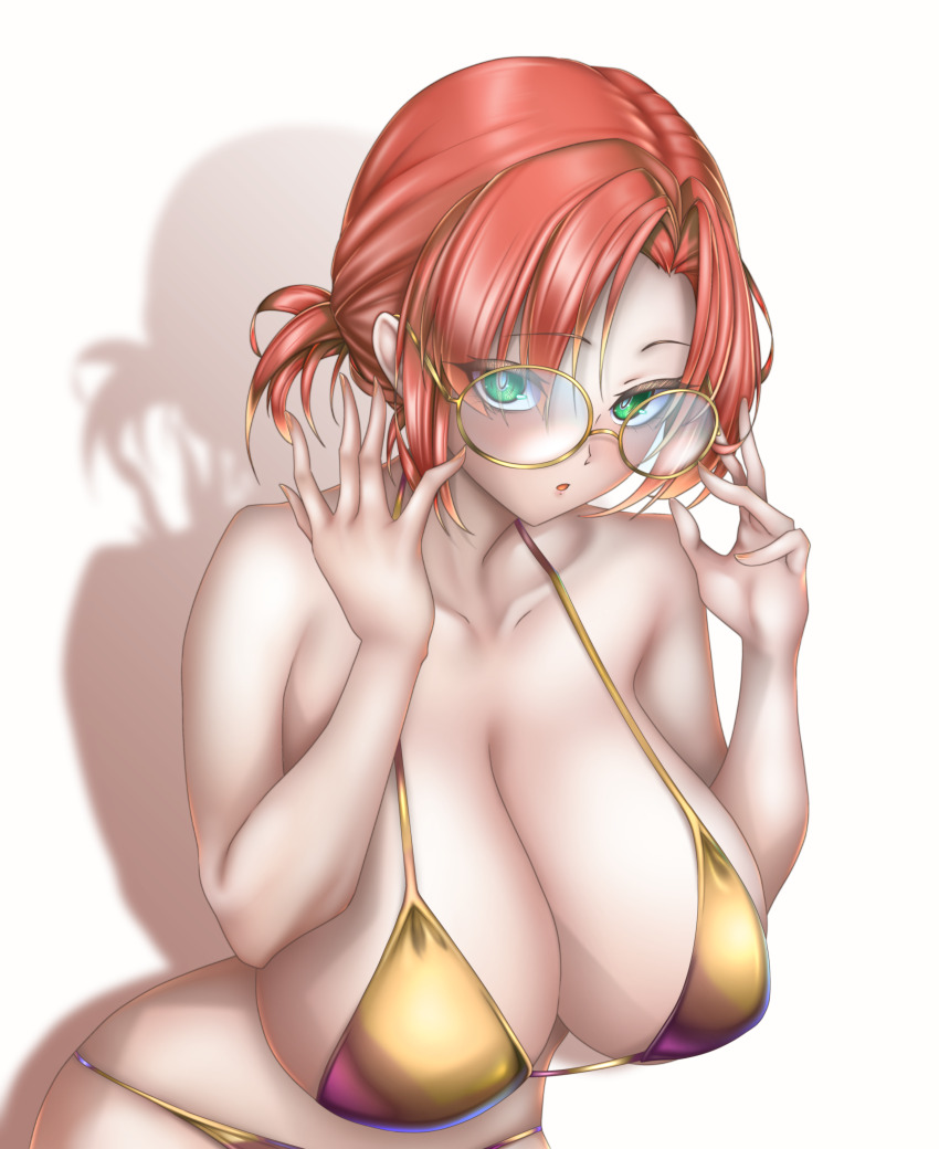 1girl absurdres bare_shoulders bikini blush boudica_(fate) breasts cleavage fate/grand_order fate_(series) glasses gold_bikini green_eyes highres kachihokori_satake large_breasts looking_at_viewer open_mouth ponytail red_hair round_eyewear short_hair short_ponytail solo swimsuit