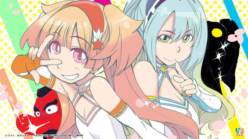 2girls aqua_hair artist_name company_name elbow_gloves end_card fingerless_gloves gloves green_eyes highres hikawa_hekiru long_hair mask multiple_girls red_eyes red_hair smile sumako_(ultra_super_anime_time) supika_(ultra_super_anime_time) tengu_mask ultra_super_anime_time upper_body v
