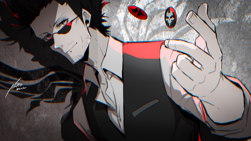 1boy badge black_hair black_vest closed_mouth collared_shirt cowlick eme_(204) facial_hair hanekoma_sanae highres male_focus pin shirt smile solo solo_focus stubble subarashiki_kono_sekai sunglasses upper_body vest white_shirt