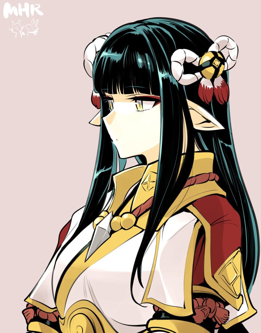1girl absurdres black_hair blunt_bangs closed_mouth commentary copyright_name eyeshadow hair_ornament highres japanese_clothes kato_takuji kimono long_hair makeup minoto monster_hunter_(series) monster_hunter_rise pink_background pointy_ears red_eyeshadow simple_background solo yellow_eyes