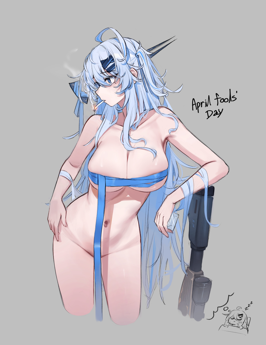 1girl absurdres ahisha_(di_le_to) april_fools blue_ribbon cigarette di_le_to dreaming grey_background highres holding long_hair mouth_hold navel original ribbon simple_background sleeping smoke smoke_trail smoking solo speech_bubble thought_bubble