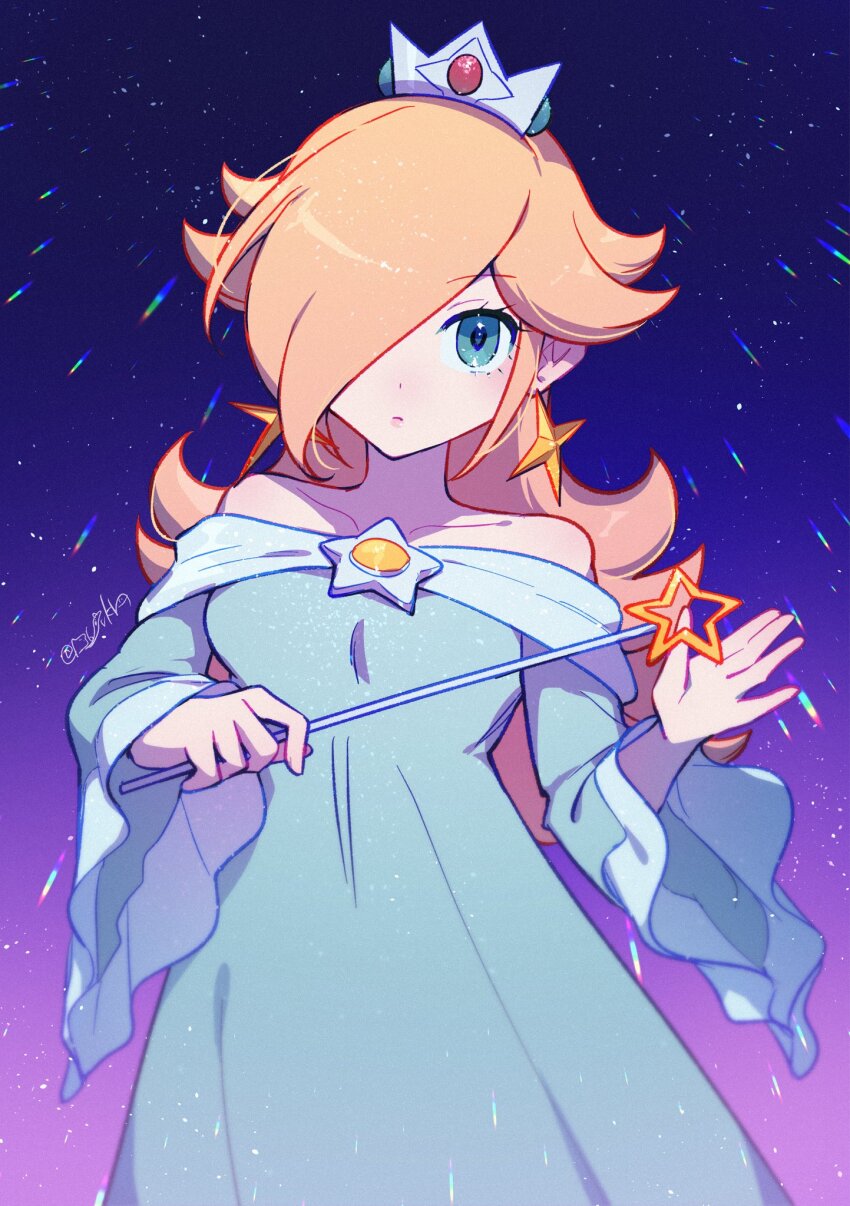 1girl bare_shoulders blonde_hair blue_dress blue_eyes brooch closed_mouth crown dress earrings hanaon highres holding holding_wand jewelry long_hair long_sleeves looking_at_viewer mario_(series) nintendo off-shoulder_dress off_shoulder rosalina solo star_(symbol) star_brooch star_earrings super_mario_galaxy wand wide_sleeves