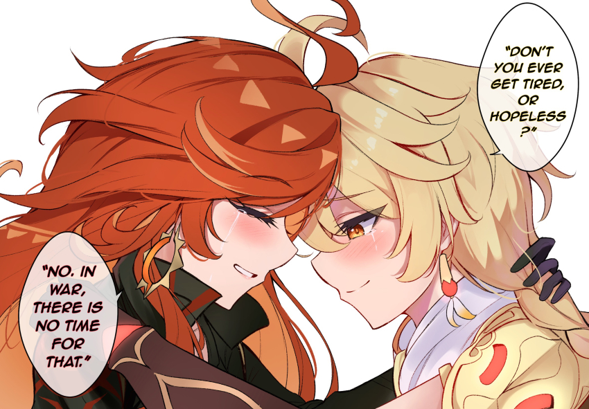 1boy 1girl aether_(genshin_impact) ahoge black_bodysuit black_gloves blonde_hair bodysuit braid closed_eyes closed_mouth commentary commission crying earrings english_text forehead-to-forehead from_side genshin_impact gloves grin heads_together hetero highres jewelry long_hair mavuika_(genshin_impact) midori_(midori13579) orange_eyes orange_hair simple_background smile speech_bubble tearing_up white_background