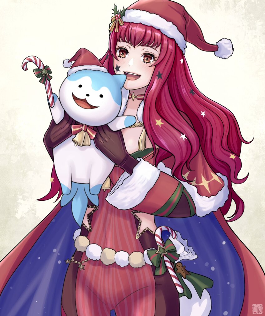 blue_cape blue_fur bodysuit candy candy_cane cape facial_mark fire_emblem fire_emblem_engage fire_emblem_heroes food hair_ornament hat highres holly_hair_ornament kousetu0506 nintendo official_alternate_costume red_bodysuit santa_hat sommie_(fire_emblem) star_(symbol) star_facial_mark star_print two-tone_cape white_fur yunaka_(fire_emblem) yunaka_(fire_emblem)_(spirited_envoy)