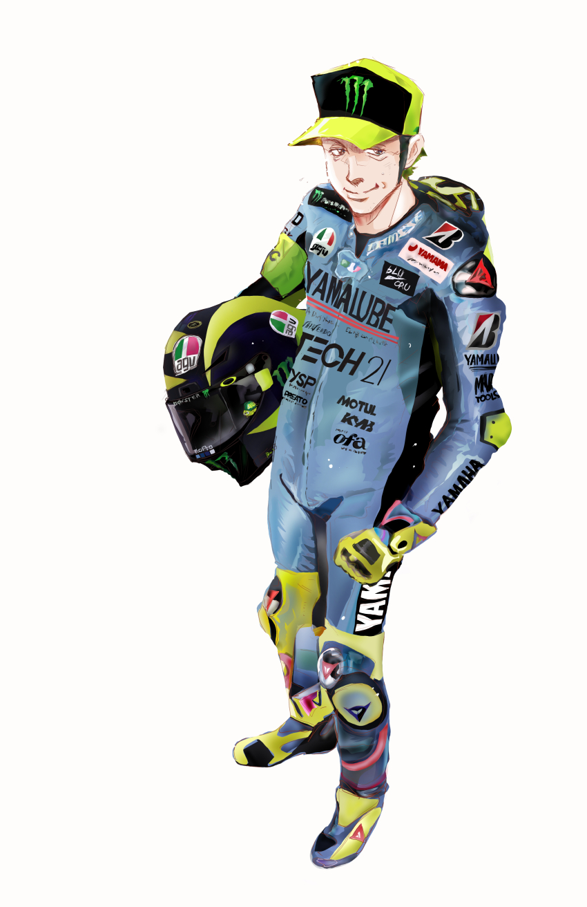 1boy absurdres animification baseball_cap black_hair black_hat blue_jumpsuit boots bravo_mori brown_eyes elbow_pads from_above full_body gloves hair_behind_ear hat helmet highres holding holding_helmet italian_flag jumpsuit looking_to_the_side male_focus monster_energy moto_gp racing_suit real_life smile solo sponsor unworn_headwear unworn_helmet valentino_rossi white_background yamaha yellow_boots yellow_gloves yellow_hat