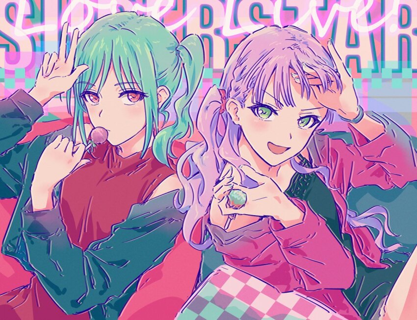 2girls aqua_hair bare_shoulders black_dress black_jacket braid bullfalk candy closed_mouth copyright_name dress expressionless food green_eyes hand_in_own_hair holding holding_candy holding_food holding_lollipop jacket lollipop long_hair love_live! love_live!_superstar!! multiple_girls off_shoulder one_side_up onitsuka_tomari open_clothes open_jacket orange_eyes pink_jacket purple_hair red_shirt shirt short_dress side_braid sitting sleeveless sleeveless_dress sleeveless_shirt v-shaped_eyebrows w w_over_head wien_margarete