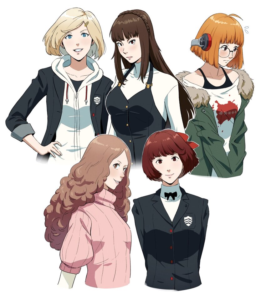 5girls alternate_hair_length alternate_hairstyle black_jacket blonde_hair blue_eyes blush braid brown_hair crown_braid francisco_mon green_jacket hair_ribbon headphones highres hood hoodie jacket long_hair multiple_girls nervous_sweating niijima_makoto okumura_haru orange_hair persona persona_5 persona_5_the_royal pink_sweater red_eyes red_hair ribbon sakura_futaba short_hair shuujin_academy_school_uniform smile sweat sweater takamaki_anne upper_body yoshizawa_kasumi