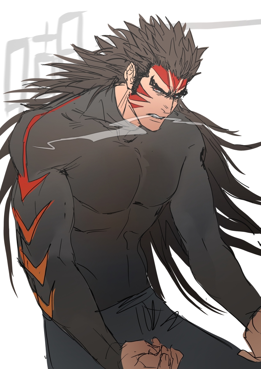1boy absurdres baijunlang bara chinese_text facial_mark haihu highres male_focus mr.greenbluefish muscular muscular_male pectorals skin_tight solo spiked_hair steam thick_eyebrows tiger_stripes wushen