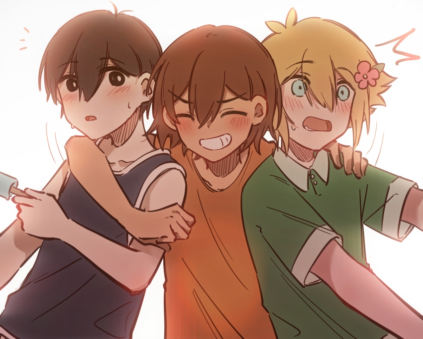 3boys alternate_costume antenna_hair arm_on_another&#039;s_shoulder bailan1130 basil_(faraway)_(omori) basil_(omori) black_eyes black_hair black_tank_top blonde_hair blush bright_pupils brown_hair closed_eyes collared_shirt dark-skinned_male dark_skin flower food green_shirt grin hair_flower hair_ornament hand_on_another&#039;s_shoulder highres holding holding_food holding_popsicle kel_(faraway)_(omori) kel_(omori) looking_at_viewer male_focus multiple_boys omori open_mouth orange_shirt parted_lips popsicle shirt short_hair short_sleeves simple_background smile sunny_(omori) sweat t-shirt tank_top teeth white_background white_pupils