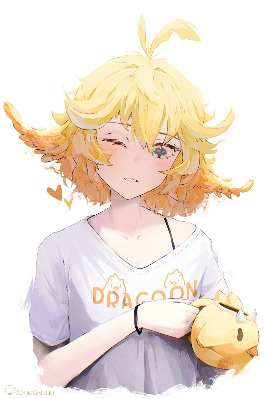 1girl absurdres ahoge ahoge_wag alternate_costume blonde_hair blue_eyes bra_strap coffee_mug commentary cropped_torso cup dokibird_(vtuber) dragoon_(dokibird) english_commentary expressive_hair feather_hair highres holding holding_cup indie_virtual_youtuber kishonyskab medium_hair mug one_eye_closed shirt short_sleeves solo t-shirt virtual_youtuber white_shirt wristband