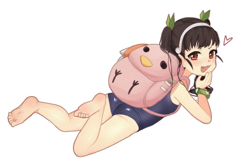1girl ass backpack bag blue_one-piece_swimsuit blush dot_nose fang feet_up female_focus from_behind green_ribbon hachikuji_mayoi hair_ribbon hairband hands_on_own_chin head_rest highres loli looking_at_viewer looking_back lying meemz_a mesugaki monogatari_(series) naughty_face on_stomach one-piece_swimsuit one_eye_closed open_mouth pink_bag red_eyes ribbon simple_background smile smug solo swimsuit twintails white_background white_hairband