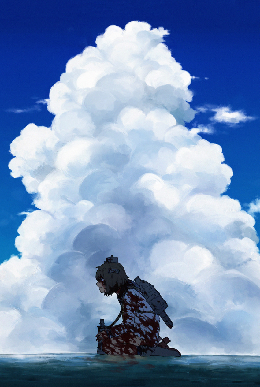 1girl absurdres binoculars blood blood_on_clothes blood_on_face blue_sky brown_eyes brown_hair cloud cloudy_sky day dress high_heels highres holding holding_binoculars kantai_collection neckerchief outdoors rigging rudder_footwear sailor_dress short_hair sky solo speaking_tube_headset sumoffu torpedo_launcher yellow_neckerchief yukikaze_(kancolle)