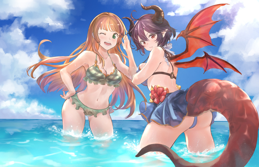 2girls absurdres ahoge anne_(shingeki_no_bahamut) beach bikini bikini_skirt black_choker blue_bikini breasts brown_eyes brown_hair choker cleavage collarbone commentary_request dragon_girl dragon_horns dragon_tail dragon_wings flower grea_(shingeki_no_bahamut) grea_(summer)_(shingeki_no_bahamut) green_bikini green_eyes hair_between_eyes highres horns looking_at_viewer manaria_friends medium_breasts multiple_girls navel official_alternate_costume one_eye_closed pointy_ears red_flower red_hair renzu_(lens_02) shingeki_no_bahamut short_hair solo stomach striped_bikini striped_clothes swimsuit tail water wet wings