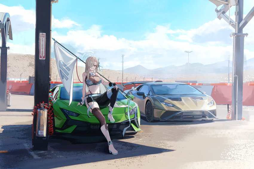1girl absurdres alternate_costume arm_support asuna_(blue_archive) black_gloves black_pantyhose black_shorts black_thighhighs blue_archive blue_eyes blue_halo blue_sky blue_sports_bra boots breasts brown_hair car cleavage cloud cloudy_sky commentary day fingerless_gloves flag full_body gloves hair_over_one_eye halo high_heel_boots high_heels highres holding holding_flag knee_up lamborghini large_breasts long_hair looking_at_viewer millennium_science_school_logo motor_vehicle on_car pantyhose race_queen race_vehicle racecar see-through_cleavage see-through_clothes short_shorts shorts single_leg_pantyhose single_thighhigh sitting siwa_(st_ekfrlfkep) sky smile solo sports_bra thighhighs thighs vehicle_request very_long_hair