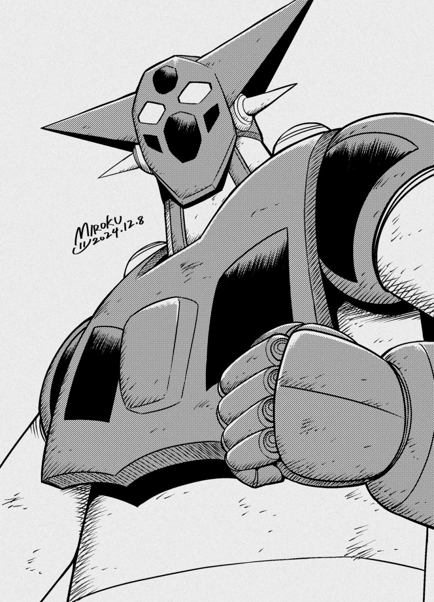 2024 clenched_hand dated getter-1 getter_robo getter_robo_(classic) greyscale hand_up head_spikes highres ishikawa_ken_(style) looking_at_viewer mecha mecha_focus miroku_(miroku_t) monochrome official_style robot signature super_robot upper_body