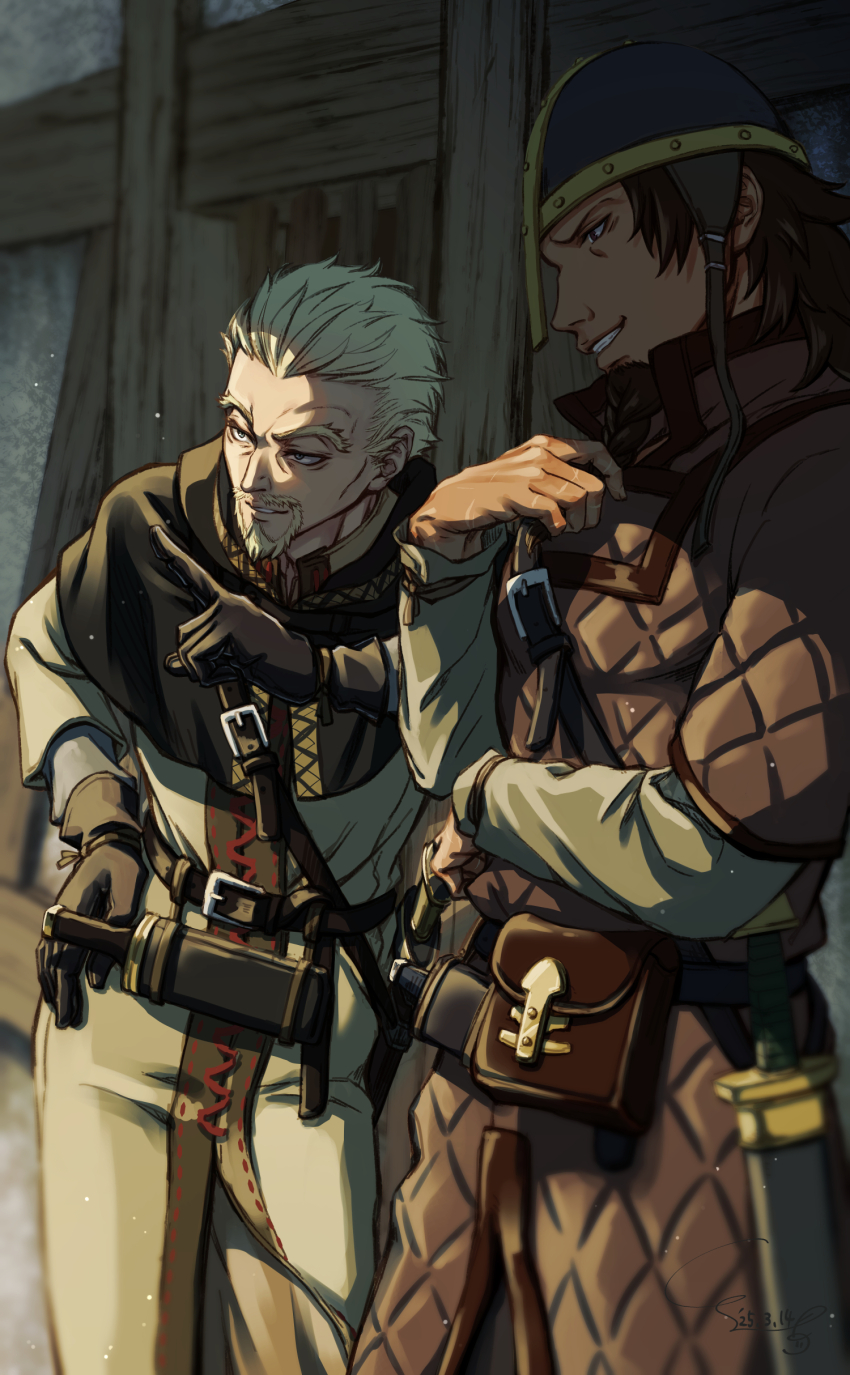 2boys absurdres askeladd beard bjorn_(vinland_saga) blonde_hair brown_coat brown_gloves brown_hair coat crossed_arms facial_hair gloves grey_coat grin helmet highres knife looking_at_another male_focus mature_male multiple_boys parted_lips pointing sheath shirube_akashi smile sword teeth viking vinland_saga weapon