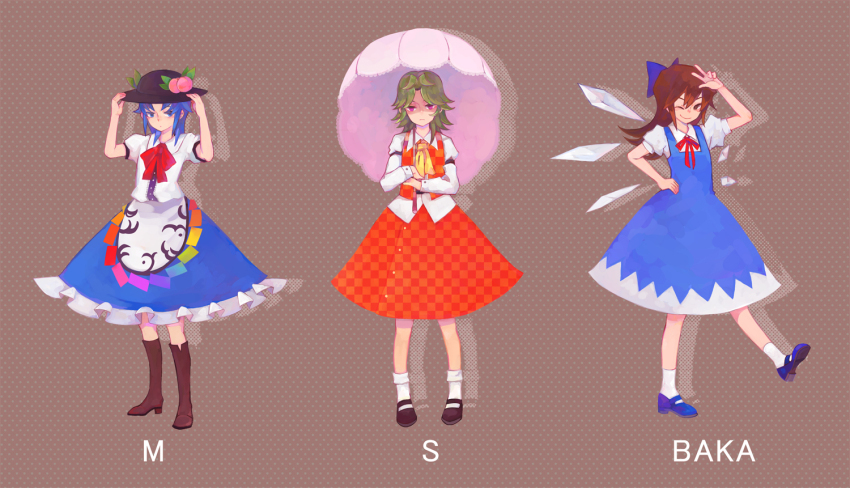 3boys adjusting_clothes adjusting_headwear ascot black_footwear black_headwear blue_bow blue_dress blue_footwear blue_hair blue_skirt boots bow bowtie brown_background brown_footwear buttons cirno cirno_(cosplay) closed_mouth collared_shirt commentary_request cosplay crossdressing dress expressionless frilled_skirt frills fujiwara_yuusuke full_body green_hair hair_bow hat_ornament hinanawi_tenshi hinanawi_tenshi_(cosplay) ice ice_wings kanon_(rsl) kazami_yuuka kazami_yuuka_(cosplay) leaf_hat_ornament long_hair long_sleeves looking_at_viewer male_focus marufuji_ryo mary_janes multiple_boys neck_ribbon one_eye_closed parasol parted_bangs peach_hat_ornament pinafore_dress pink_eyes pink_umbrella plaid_clothes plaid_skirt plaid_vest polka_dot polka_dot_background puffy_short_sleeves puffy_sleeves red_bow red_bowtie red_ribbon red_skirt red_vest ribbon shaded_face shirt shoes short_sleeves skirt skirt_set sleeveless sleeveless_dress smile socks standing tenjouin_fubuki touhou umbrella vest w white_shirt white_socks wings yellow_ascot yu-gi-oh! yu-gi-oh!_gx
