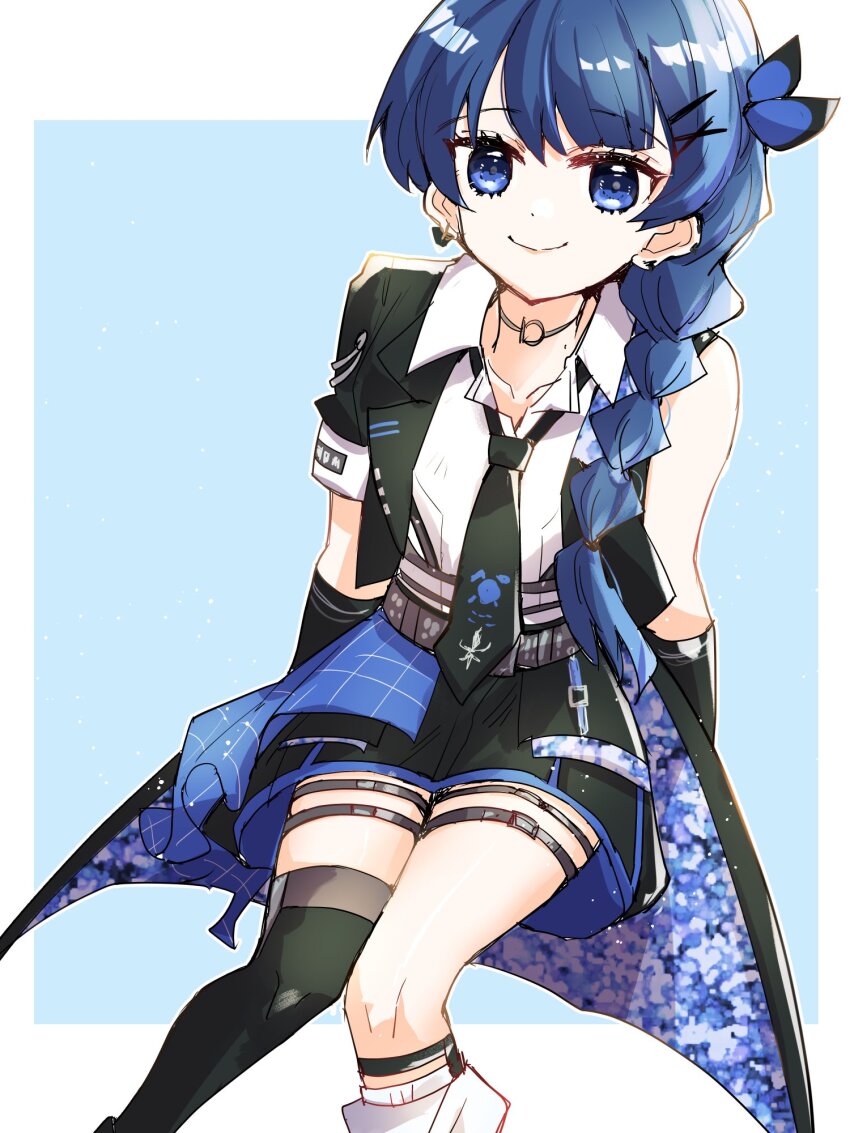 1girl asymmetrical_legwear black_jacket black_necktie black_skirt black_thighhighs blue_background blue_eyes blue_hair border choker closed_mouth collarbone collared_shirt commentary feet_out_of_frame hair_ornament highres i_do_me!_(love_live!) invisible_chair jacket kanduki_kamibukuro light_particles link!_like!_love_live! long_hair loose_socks love_live! miniskirt mismatched_legwear multiple_thigh_straps murano_sayaka necktie o-ring o-ring_choker official_alternate_costume open_clothes open_jacket outside_border pleated_skirt shirt short-sleeved_jacket short_sleeves simple_background single_bare_shoulder single_loose_sock single_sleeve single_sock single_thighhigh sitting skirt smile socks solo split_mouth thighhighs virtual_youtuber white_border white_shirt white_socks x_hair_ornament