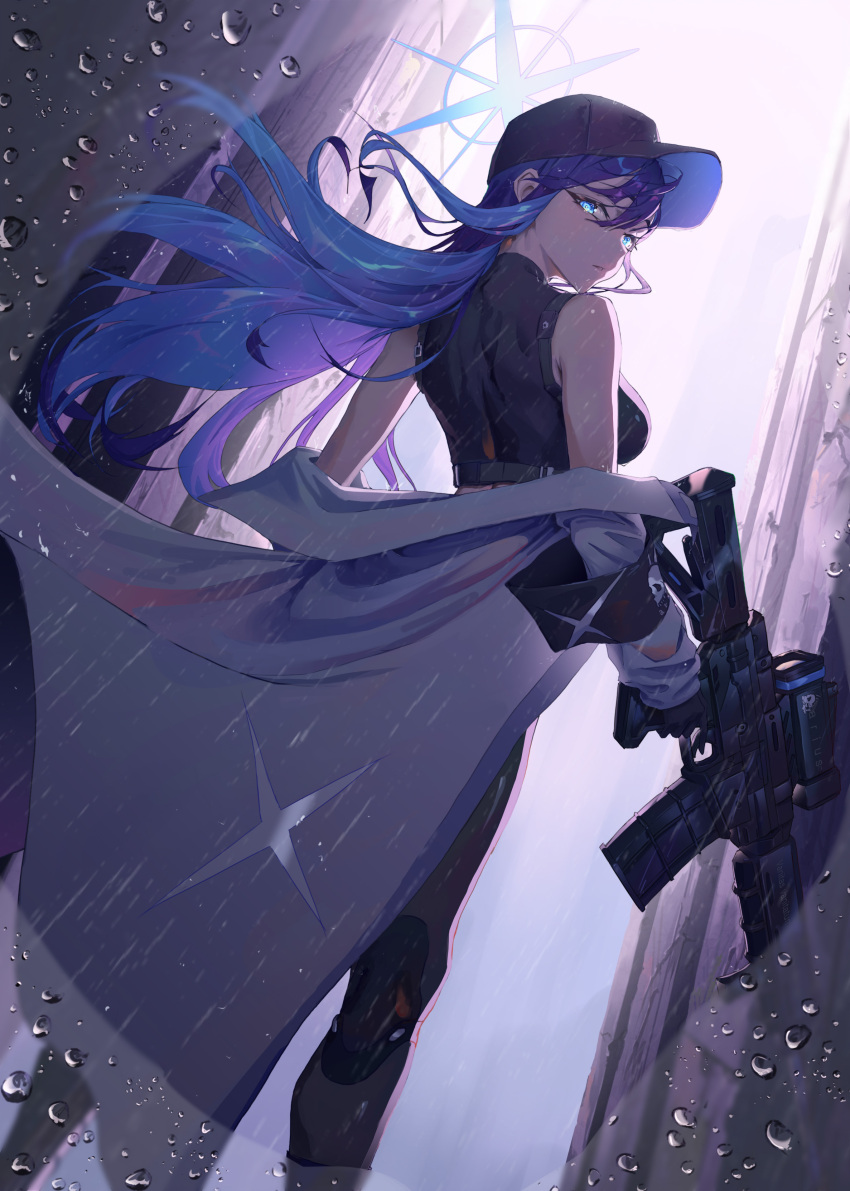 1girl absurdres assault_rifle back bare_shoulders baseball_cap belt black_belt black_headwear black_pants blue_archive blue_eyes buckle chest_harness coat crop_top fim-92_stinger gun halo harness hat highres holding holding_weapon jhigf long_hair looking_at_viewer looking_back multicolored_hair no_mask pants pink_hair rain rifle rocket_launcher saori_(blue_archive) sig_516 sig_sauer snap-fit_buckle two-tone_hair weapon white_coat