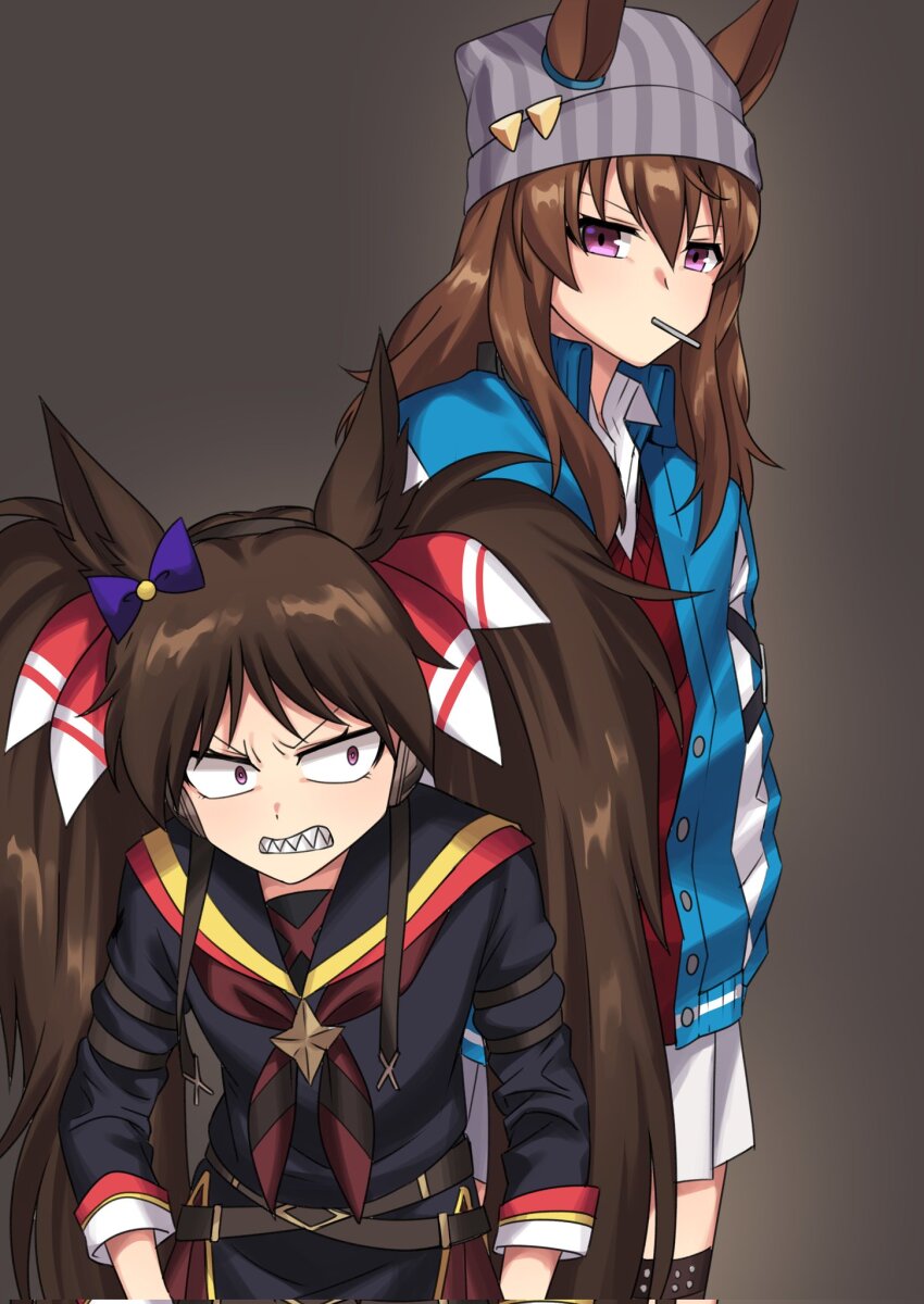 2girls animal_ears beanie black_sailor_collar blue_jacket bow brown_background brown_hair clenched_teeth commentary dream_journey_(racehorse) ear_bow ears_through_headwear eyebrows_hidden_by_hair fukuro_(maruaru00) furrowed_brow genderswap genderswap_(mtf) grey_headwear hat height_difference height_envy highres horse_ears horse_girl jacket long_hair long_sleeves messy_hair miniskirt multiple_girls nakayama_festa_(umamusume) neckerchief original personification purple_bow purple_eyes red_neckerchief sailor_collar sanpaku sharp_teeth sidelocks skirt teeth twintails umamusume v-shaped_eyebrows white_skirt