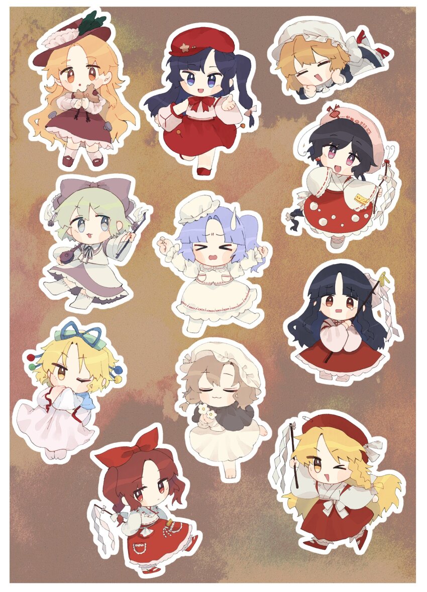 &gt;_&lt; 20000-hit_girl_(touhou) 6+girls :3 :d :o apron bare_shoulders barefoot beret black_capelet black_dress black_hair black_kimono blonde_hair blonde_oekaki_girl_(touhou) blonde_shrine_maiden_from_a_future_era_(touhou) blue_eyes blue_hair blue_ribbon blush_stickers bow bow_(music) bowtie braid brown_dress brown_eyes brown_footwear brown_hair brown_hat newsboy_cap capelet chibi cleaning_maid_(touhou) closed_eyes closed_mouth commentary_request detached_sleeves dolls_in_pseudo_paradise dress erhu feathers flat_cap flats flower frilled_dress frilled_hat frilled_shirt_collar frilled_skirt frilled_sleeves frills full_body girl_who_trained_on_mt._haku_(touhou) gohei green_feathers grey_bow grey_eyes grey_hair grey_ribbon grey_skirt hair_bobbles hair_bow hair_bun hair_ornament hair_ribbon happy hat hat_feather hat_ornament highres holding holding_flower holding_gohei holding_instrument hourai_girl_(touhou) instrument jacket_girl_(dipp) japanese_clothes juliet_sleeves kariginu kimono label_girl_(dipp) long_hair long_sleeves mary_janes medium_hair midriff_peek miko mob_cap moonlight&#039;s_anti-soul_(touhou) multiple_girls offering_hand ofuda ofuda_on_clothes one_eye_closed open_mouth orange_eyes parted_bangs pink_shirt pink_skirt pocket polka_dot polka_dot_skirt portrait_of_exotic_girls puffy_short_sleeves puffy_sleeves purple-haired_oekaki_girl_(touhou) purple_eyes red_bow red_bowtie red_eyes red_footwear red_hat red_ribbon red_skirt ribbon satsuki_rin shirt shoes short_hair short_sleeves side_braid side_ponytail sidelocks skirt skirt_set sleeveless sleeveless_shirt smile socks stake star_(symbol) star_hat_ornament sweatdrop touhou very_long_hair wadante waist_apron wavy_hair white_apron white_dress white_hat white_kimono white_ribbon white_shirt white_sleeves white_socks wide_sleeves yellow_eyes