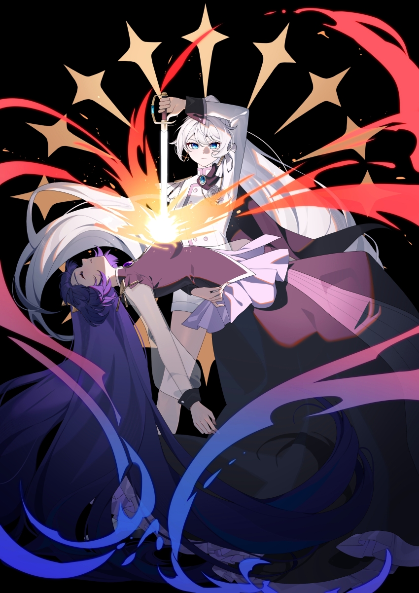 2girls absurdres ascot black_background blue_eyes brooch commentary_request cross cross_earrings earrings flower hair_between_eyes highres holding holding_sword holding_weapon honkai_(series) honkai_impact_3rd jacket jewelry kiana_kaslana lexingrakukouu long_hair long_skirt long_sleeves looking_at_viewer multiple_girls parted_lips purple_hair purple_jacket purple_skirt raiden_mei rose sekai_wo_kakumei_suru_chikara_wo shorts shoujo_kakumei_utena skirt star_(symbol) sword very_long_hair weapon white_flower white_hair white_jacket white_rose white_shorts