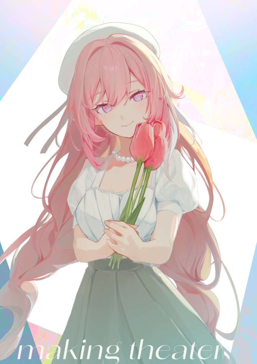 1girl alternate_costume alternate_hairstyle breasts closed_mouth cloud cloudy_sky dress elf elysia_(herrscher_of_human:_ego)_(honkai_impact) elysia_(honkai_impact) english_text flower hair_between_eyes hat highres holding holding_flower honkai_(series) honkai_impact_3rd jewelry long_hair looking_at_viewer necklace pearl_necklace pink_eyes pink_hair pink_pupils pointy_ears puffy_short_sleeves puffy_sleeves roena short_sleeves simple_background sky smile solo sundress tulip very_long_hair white_dress white_hat
