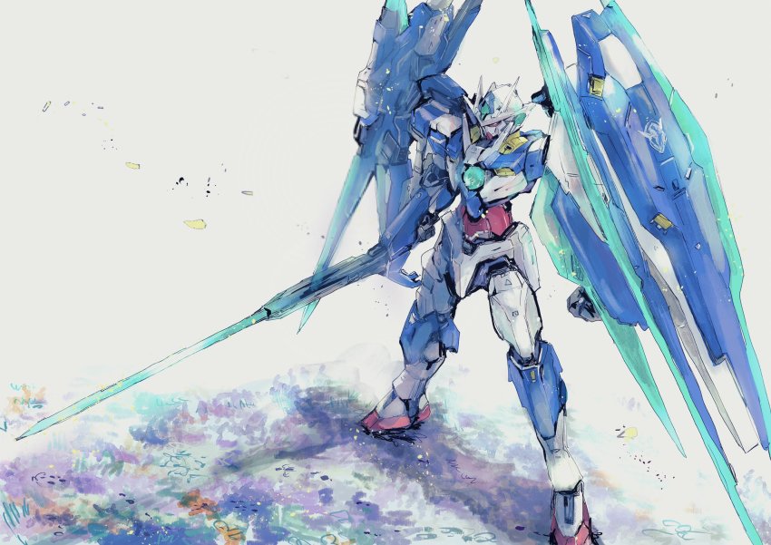 00_qan[t] 00_qan[t]_full_saber commentary field flower flower_field green_eyes gundam gundam_00 gundam_00_a_wakening_of_the_trailblazer highres holding holding_sword holding_weapon kare_(0621utak) looking_down mecha mobile_suit no_humans petals robot science_fiction shield solo sword v-fin weapon white_background